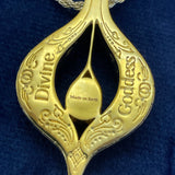 Back view of Angel Aberdeen’s Divine Goddess Pendant with engraved affirmations ‘Divine Goddess’ and ‘Made on Earth,’ celebrating the sacred feminine and the beauty of human creation.”